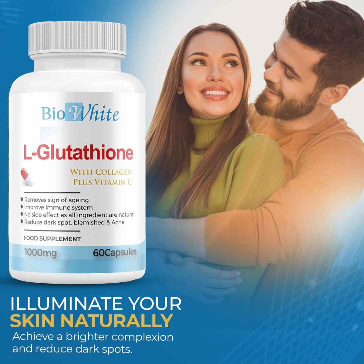 Bio White Glutathione Supplement - Natural Skin Whitening Anti-Aging Benefits and Improves Immunity, L-Glutathione Pills for Men & Women - Pure Antioxidant, 60 Capsules (1000mg)