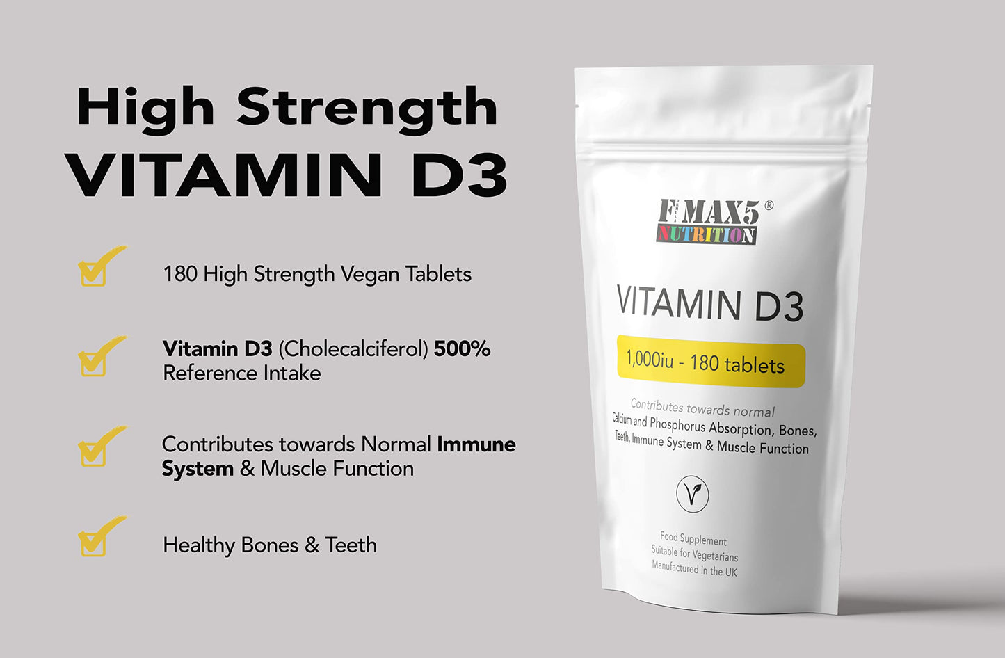 formula max5 nutrition Vitamin D 1000iu | Easy Swallow Micro tablets | One a Day Cholecalciferol VIT D | Vegetarian High Strength Immune System Support Vitamin D Supplement | UK Made (180)