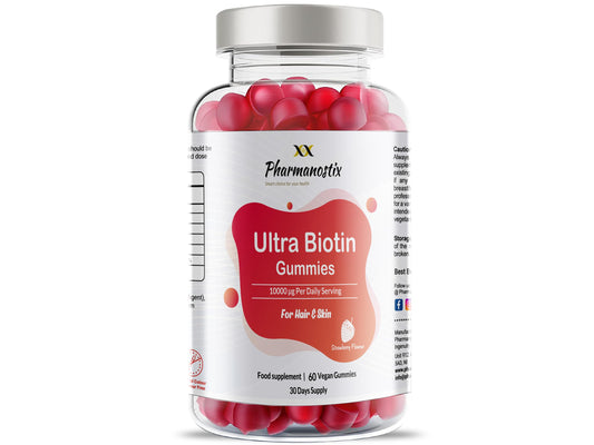 Pharmanostix Ultra Biotin 5000mcg Vegan Gummies - 10000mcg Per Daily Dose - for Hair, Skin and Nail Growth Support - 60 Natural Strawberry Flavour - 30 Days Supply - for Men and Women