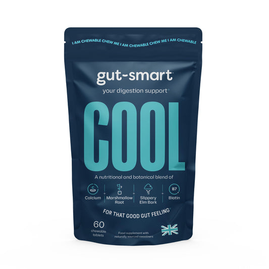 Gut - Smart Gut–Smart COOL, 60 x Chewable Tablets, Heartburn Relief, Antacid, Natural Supplements for Healthy Digestion, Contains Slippery Elm, Marshmallow Root, Calcium and Biotin, POCKET TIN Included