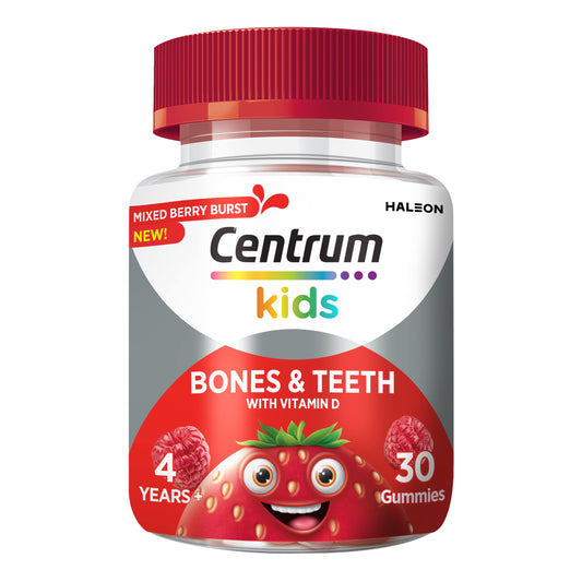 Centrum Multivitamins for Kids Bones & Teeth, Vitamins with 5 Essential Nutrients including Vitamin D, Mixed Berry Natural Fruit Flavour, 30 Multigummies (Packaging may vary)