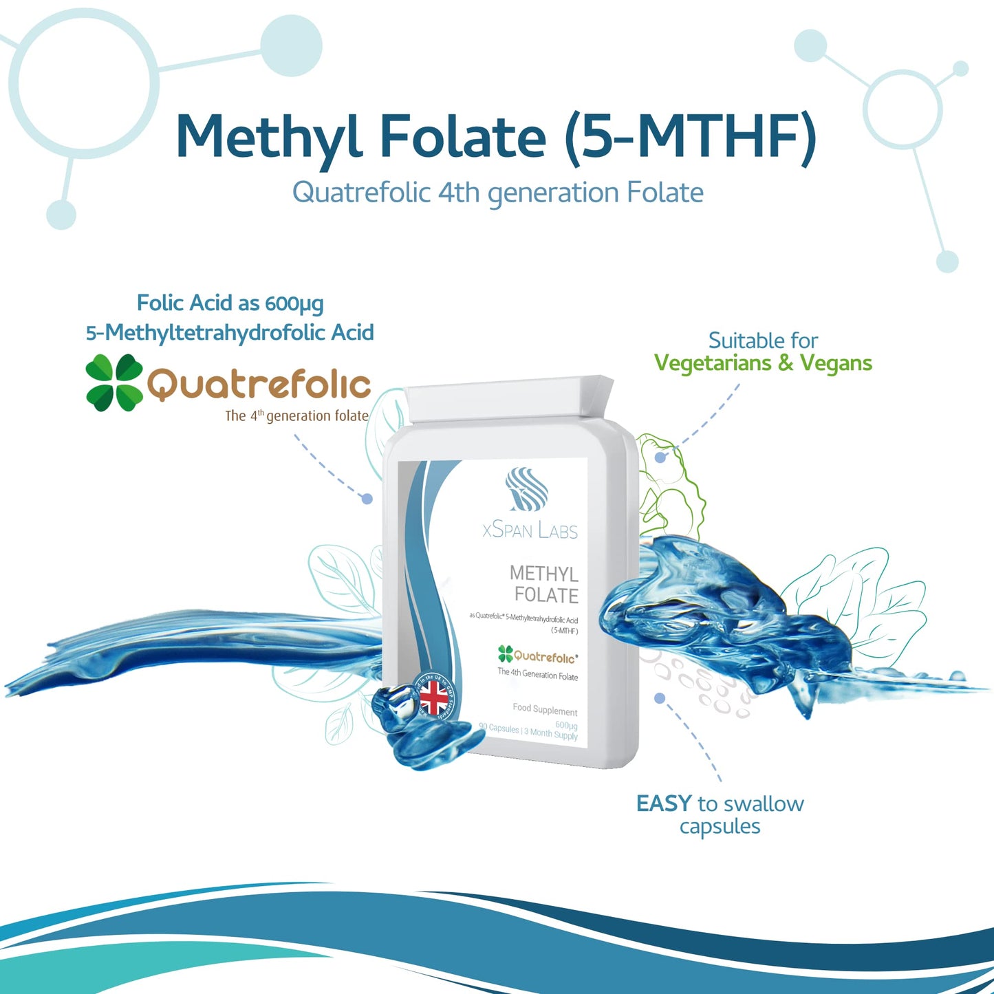 Xspan Labs Methyl Folate 600µg - 90 Capsules as Quatrefolic 5-MTHF Supplement 6S-5-methyltetrahydrofolate – The 4th Generation of Folate a Highly bioactive Form of Folic Acid/Vitamin B9 – Made in The UK
