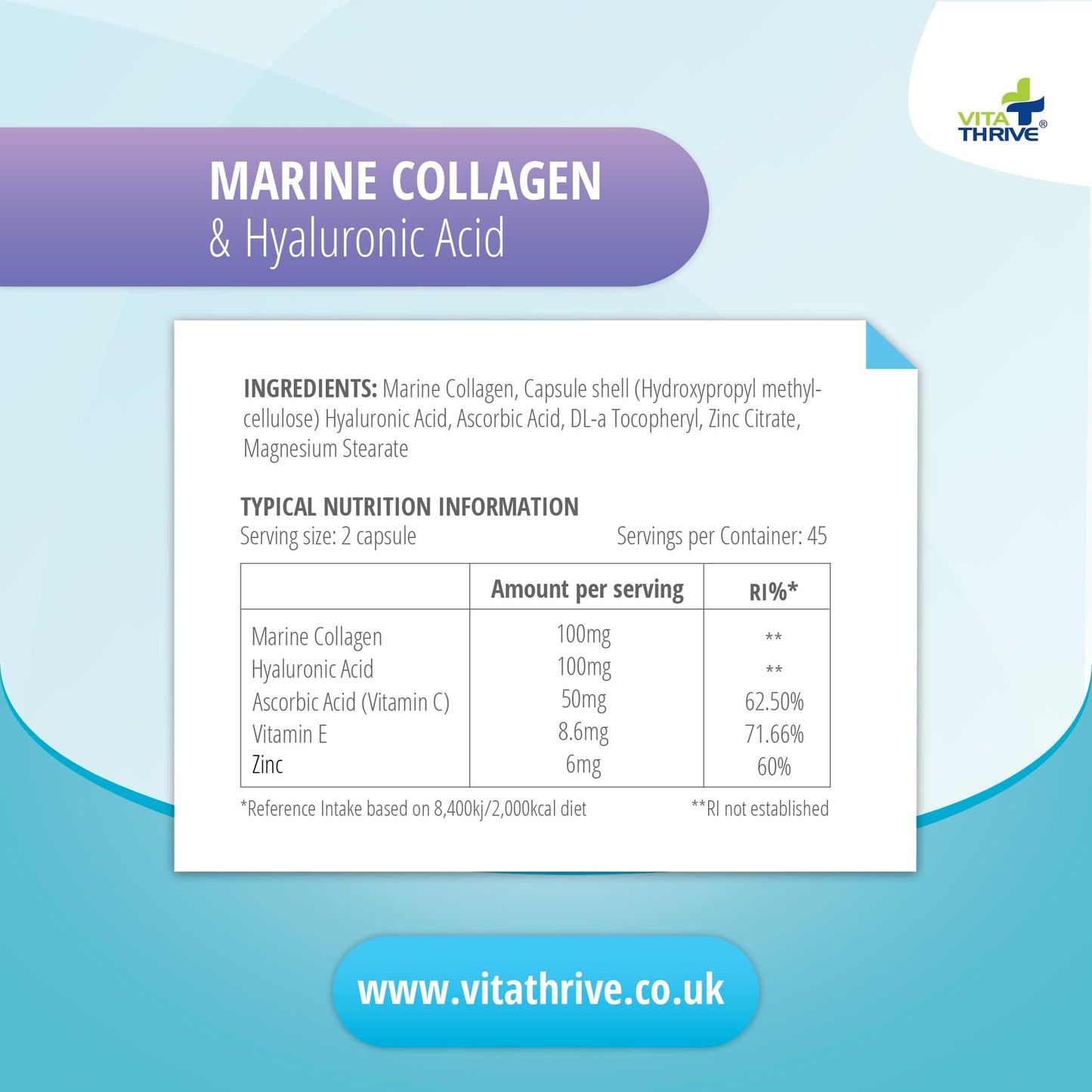 Vita Thrive VitaThrive® Marine Collagen & Hyaluronic Acid - 90 Capsules