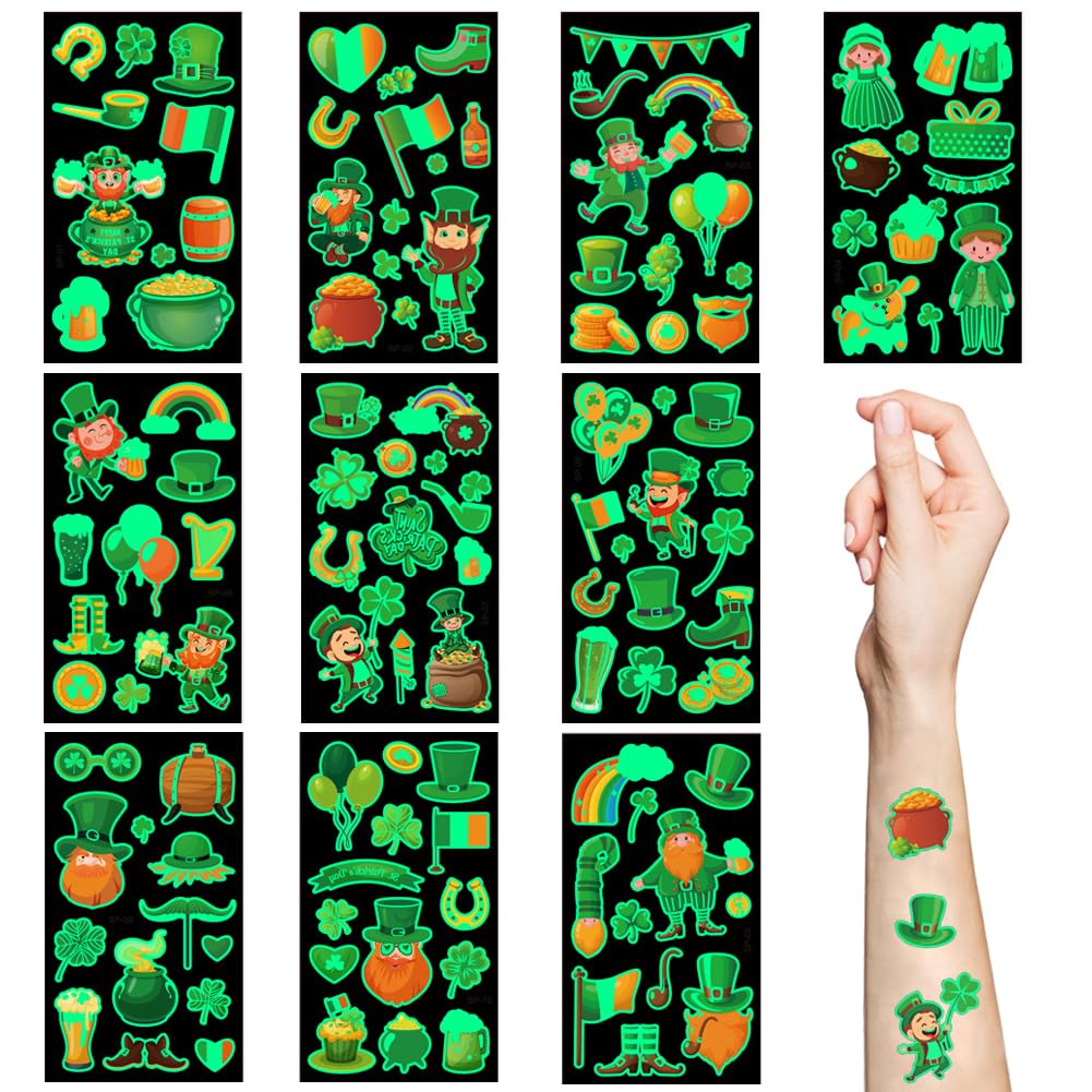 Boerni St.Patrick'S Day Temporary Tattoos,10 Sheets Luminous Shamrock Temporary Tattoo Glow in The Dark Stickers for Kids & Adults Irish St Patricks Day Decorations Accessories
