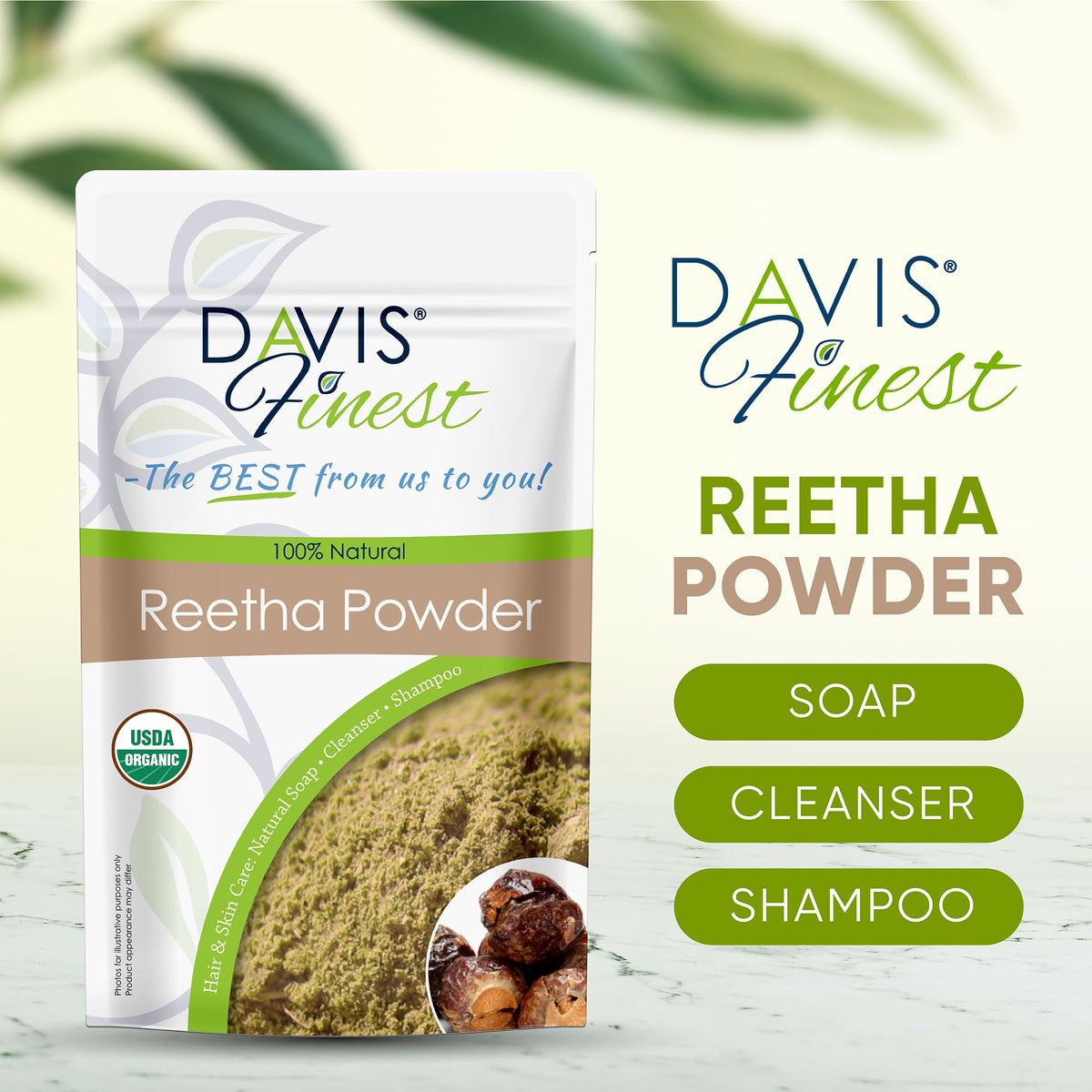 Davis Finest - Reetha Aritha Soap Nuts Powder 100g, SLS-Free Soap, Clarifying Shampoo for Stronger Hair, Loss of Hair & Dandruff, Natural Skin Care, Face Mask, Chemical Free, Vegan, Organic