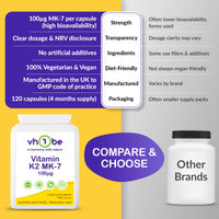 Vitamin K2 MK7 100mcg High Strength Bone Health Vitamin Supplement – 120 Vegan Capsules Made in UK, Supports Calcium Absorption & Bone Density | 100% Natural Vitamin K2 MK-7 by vh1be