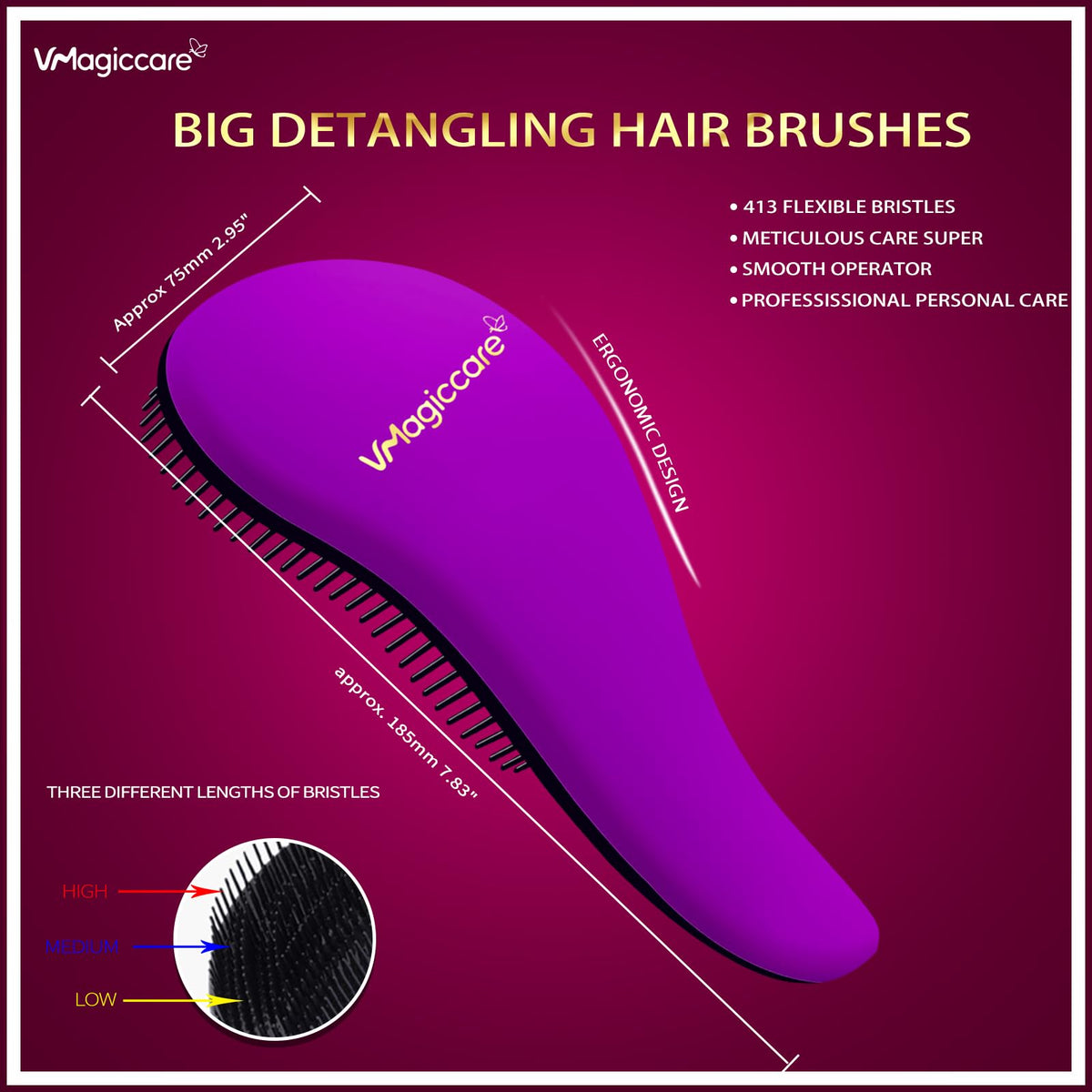 VMAGIC CARE Detangling Hairbrush - glide the Detangler Hairbrush through Tangled hair Best Brush Comb for Women, Girls, Men & Boys - Use in Wet and Dry Hair (Purple Big + Rose Red Small)