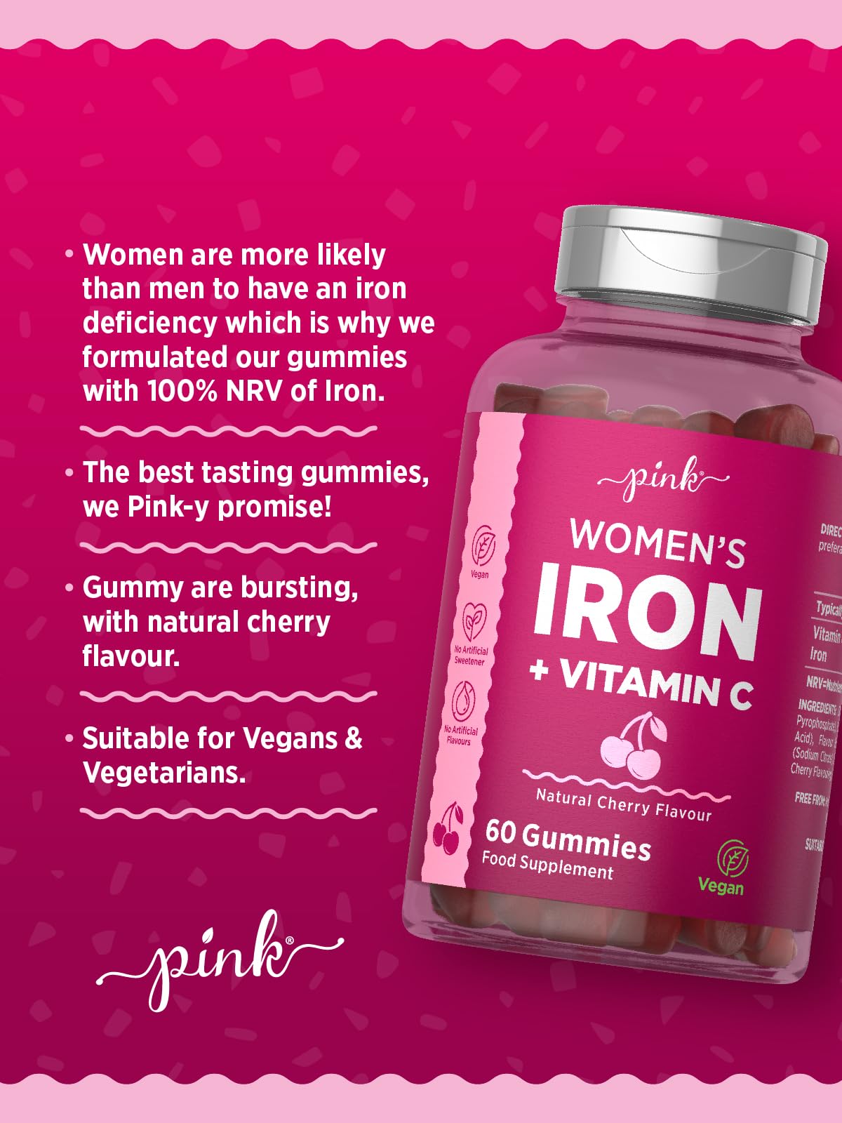 Iron Gummies for Women | Iron Supplement with Vitamin C | High Strength 14mg Iron | Natural Cherry Flavour | Vegan, No Artificial Sweetner & Flavours | 60 Gummies | PINK