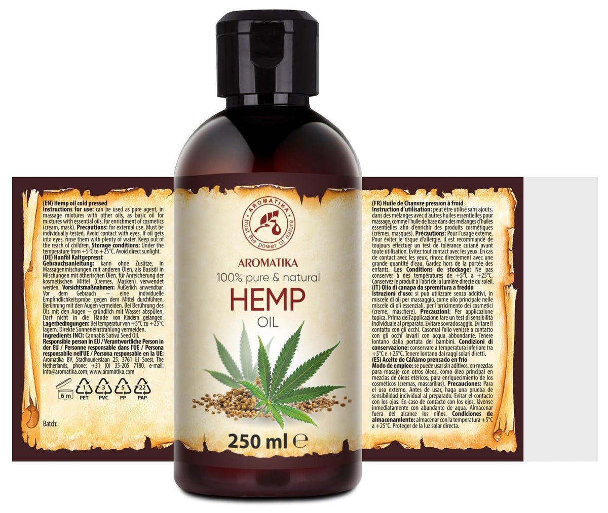 AROMATIKA trust the power of nature Hemp Oil 250ml - 100% Natural & Pure Cold Pressed Carrier Oil - Used for Skin Care - Haircare - Massage - Cosmetics - Aluminum Bottle - Oils Hemp