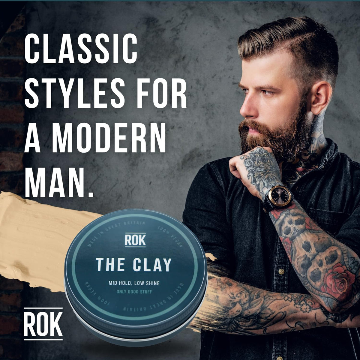 ROK Products Hair Styling Clay – Mild Hold Low Shine Grooming Clay – Vegan Friendly Handmade Matt Hair Clay Men for Texture and Volume – Smooth Caramel Scent – Easy to Apply and Long-Lasting Formula