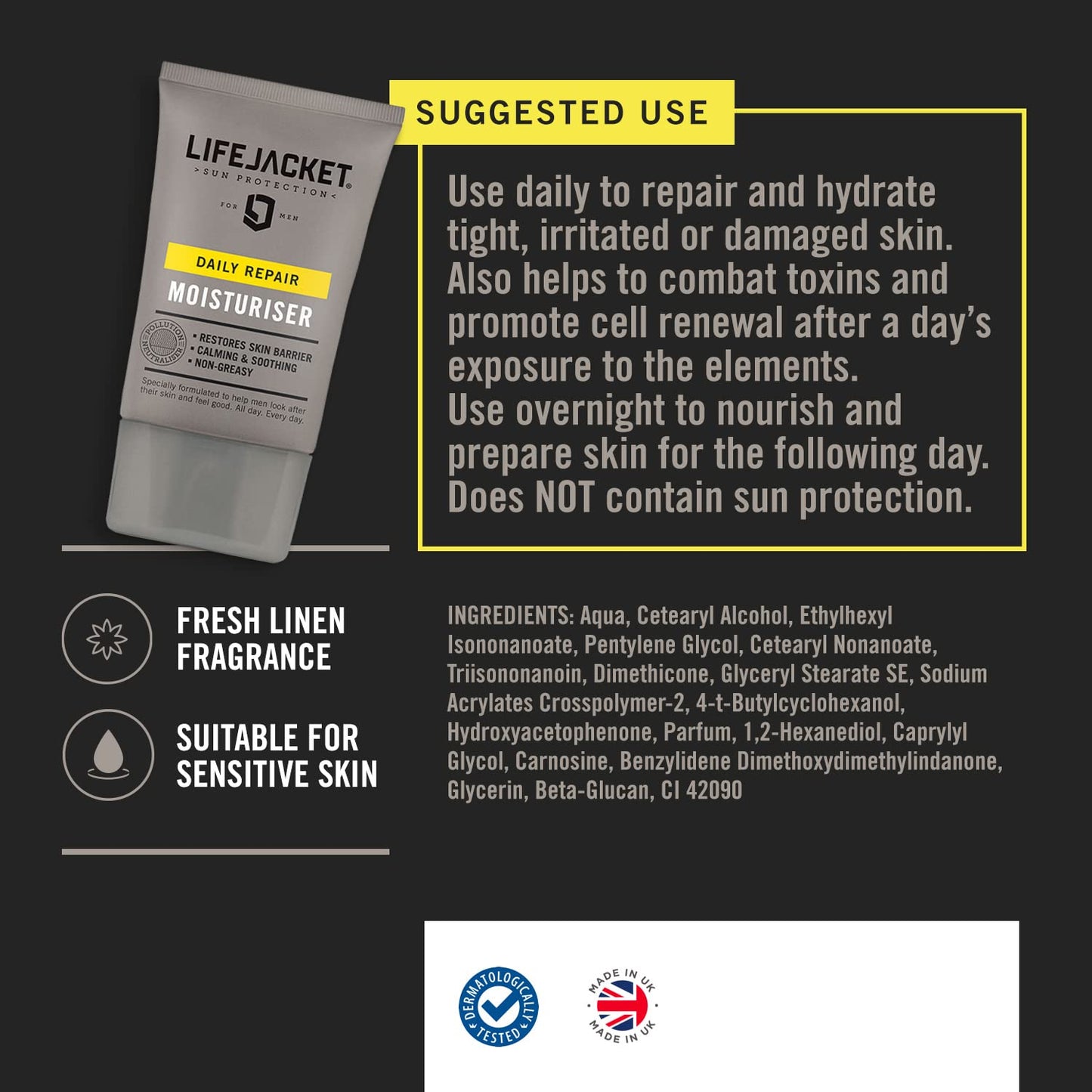 LIFEJACKET LifeJacket Daily Repair Moisturiser - Overnight Hydration Face Cream, Anti-Ageing, Anti Wrinkle, Light, Non-greasy, Cruelty free, Clinically Approved for Sensitive and Dry Skin (100ml (Pack of 1))