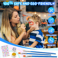 ACWOO Face Paints for Kids, 16 Colors Professional Face Body Painting Kit with 1 Gem Sheet, 2 Glitters, 3 Stencils, 3 Brushes, 4 Sponges, Water Based Face Paint for Halloween, Party, Cosplay