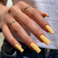 SXVME Bright Yellow Press on Nails Long Square, Light Yellow False Nails Medium Coffin, Glossy Gel Fake Nails Press on, Sheer Gel Stick on Nail for Women, 24 Pcs