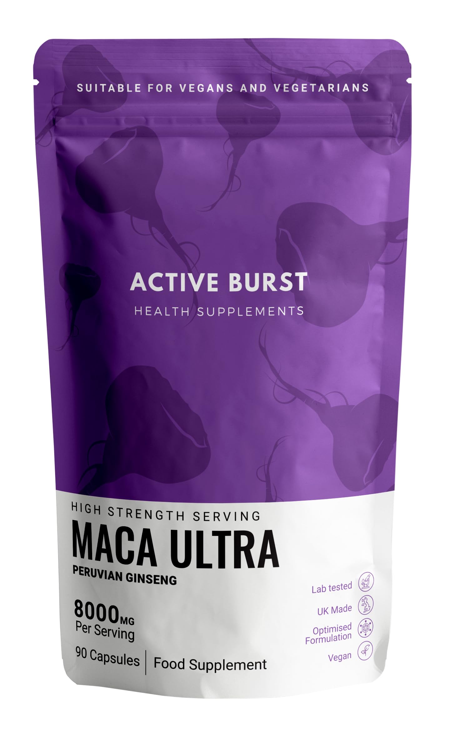 MacaRoot Ultra – Maca Root Capsules 8000mg | Peruvian Ginseng 10:1 Extract | 1.6mg Macamides | Energy, Mood & Hormone Support | Vegan, UK Produced, Lab Tested | 90 Capsules | ActiveBurst Nutrition