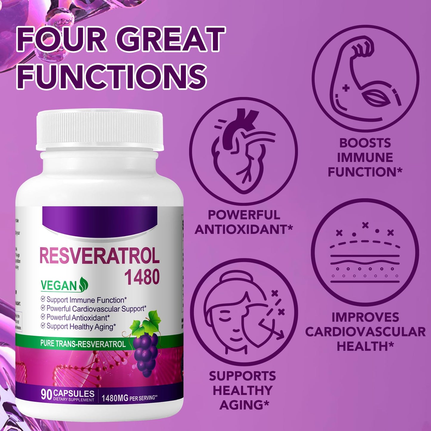 FSLHCY Resveratrol Supplement 1480mg, 90 Capsules High-Potency Trans-Resveratrol Supplement for Heart, Skin, and Anti-Aging Antioxidant