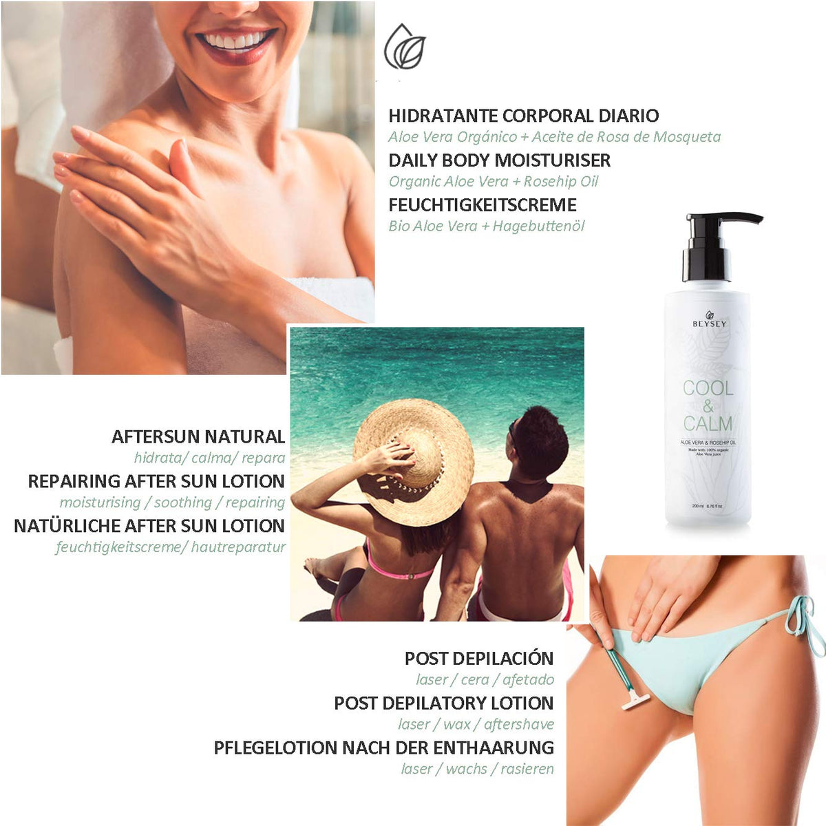 Beysey living natural Organic Aloe Vera Gel with Rosehip Oil - Daily Moisturising Body Lotion/After Sun/Post Depilatory Cream - Beysey COOL&CALM 200ml