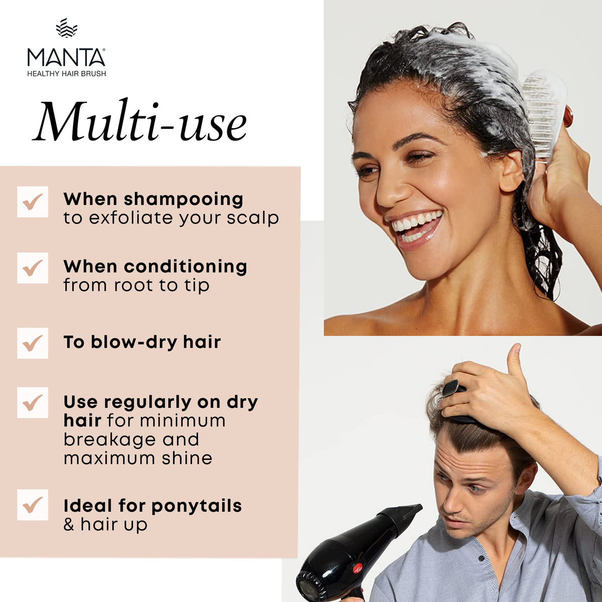 MANTA Manta Detangle Hair Brush, Shower Scalp Massager Shampoo Brush Detangler, Promote Healthy Hair Growth, Premium Wet Tangle Hairbrush, Curly Hair Teaser, Hairbrushes for Women Men Kids, Pink