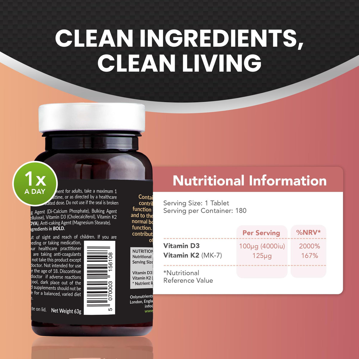 Only Nutrients - Vitamin D3 + K2 MK7, UK-Made Teeth, Muscle & Bone Supplements Men/Women Need, High-Strength Vegan Immune Support Rich in Vitamin D3 4000 iu, 180 Tablets