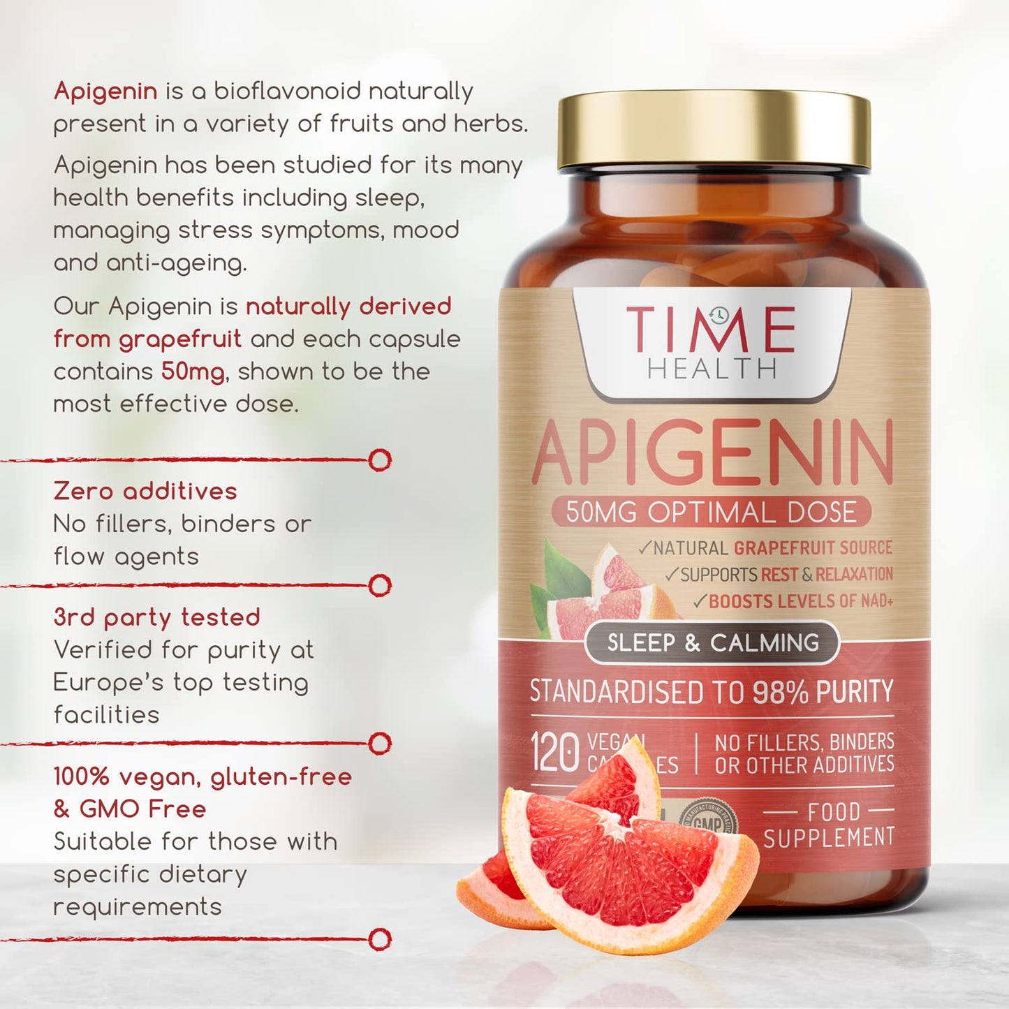 Time Health Apigenin - 50mg x 120 Capsules - 98%+ Purity - Optimal Dose for Sleep & Relaxation Support - NAD+ Booster - Grapefruit Source - UK Made - GMP Standards - Zero Additives (120 Count (Pack of 1))