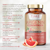 Time Health Apigenin - 50mg x 120 Capsules - 98%+ Purity - Optimal Dose for Sleep & Relaxation Support - NAD+ Booster - Grapefruit Source - UK Made - GMP Standards - Zero Additives (120 Count (Pack of 1))