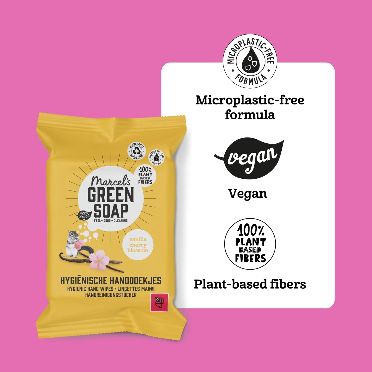 Marcel's Green Soap - Hygienic Hand Wipes Vanilla & Cherry Blossom - Microplastic-free formula - Vegan - 15 wipes