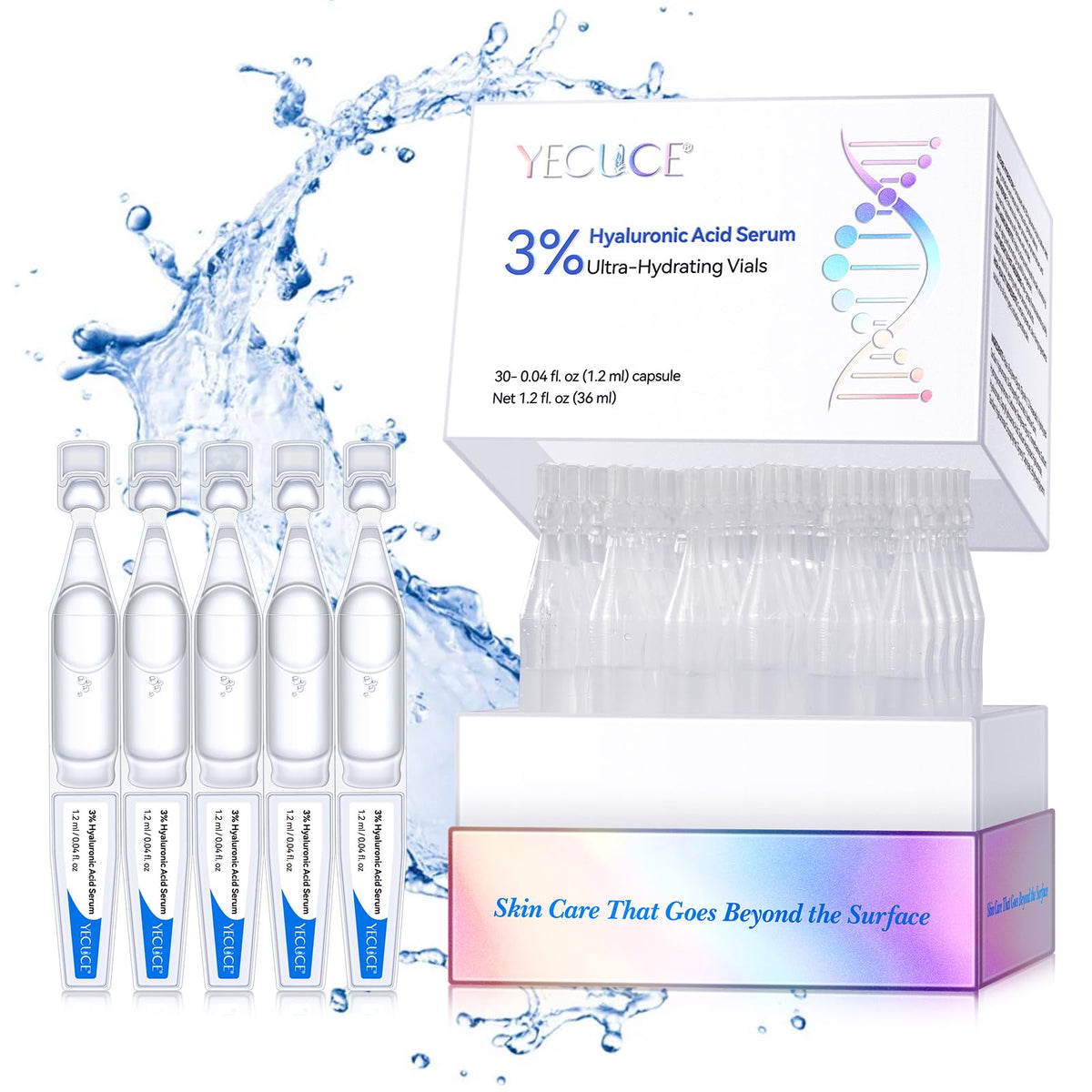 Yecuce 3% Hyaluronic Acid Serum, Ultra-Hydrating Vials Hyaluronic Tubes, Wake Nature Perfection Hyaluronic Acid for Face, Ultra Hydrating Serum