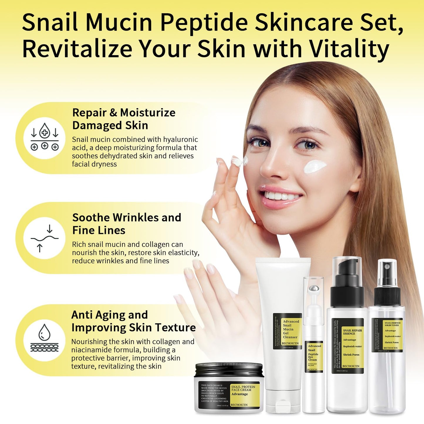 BECHOICEN Advanced Snail Mucin Skincare Set For Teen Girl, Anti Wrinkle & Repair Face Skin Care Gift Set With Face Wash, Toner, Serum, Face Cream, Eye Cream, 5PCS Peptides Snail Mucin Kit Travel Size For Women