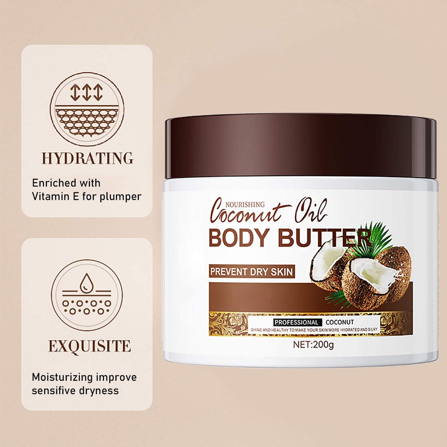 Silky Smooth Skin with 200g Coconut Body Butter - Moisturizer for Dry Skin - Nourishing Coconut Oil Cream for Hydrated Skin