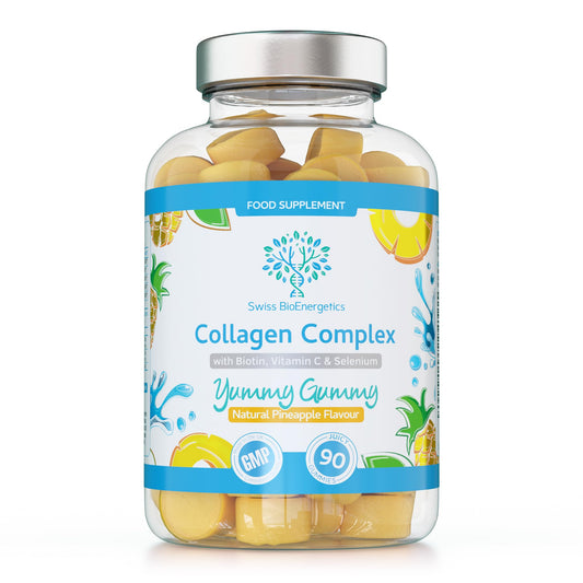 swiss bioenergetics Collagen Complex - 90 Natural Pineapple Flavour Chewable Yummy Gummies - One a Day 500mg Hydrolysed Collagen, Biotin, Vitamin C and Selenium – Healthy Skin and Hair for Men and Women – UK Made