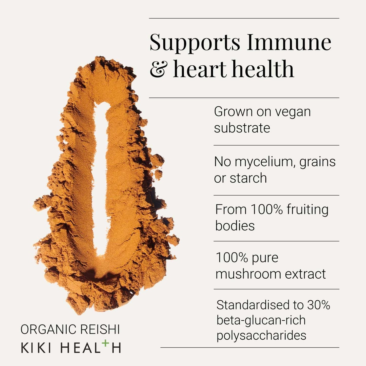 KIKI HEALTH KIKI Health - Organic Reishi, Mushroom Extract Powder - Standardised to 30% Polysaccharides - Made from 100% Fruiting Bodies - Natural, Nutrient-Dense Extract - 50g