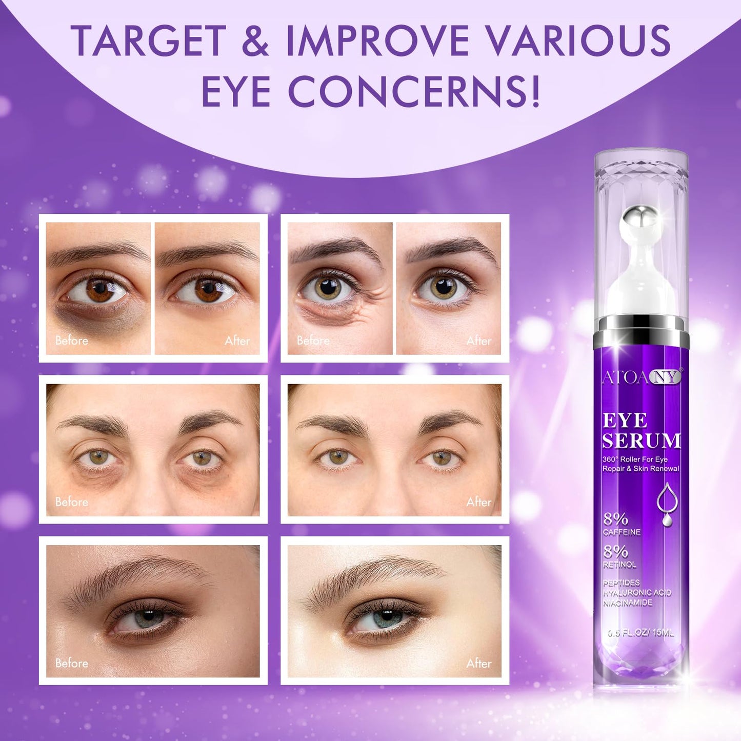 CiAIplw Eye Serum with 8% Caffeine 8% Retinol Hyaluronic Acid Niacinamide Peptides for Puffy Eye Bags Dark Circles Wrinkles and Fine Lines, Anti Aging, Under Eye Cream with 360° Eye Roller Massage Ball, 15ml