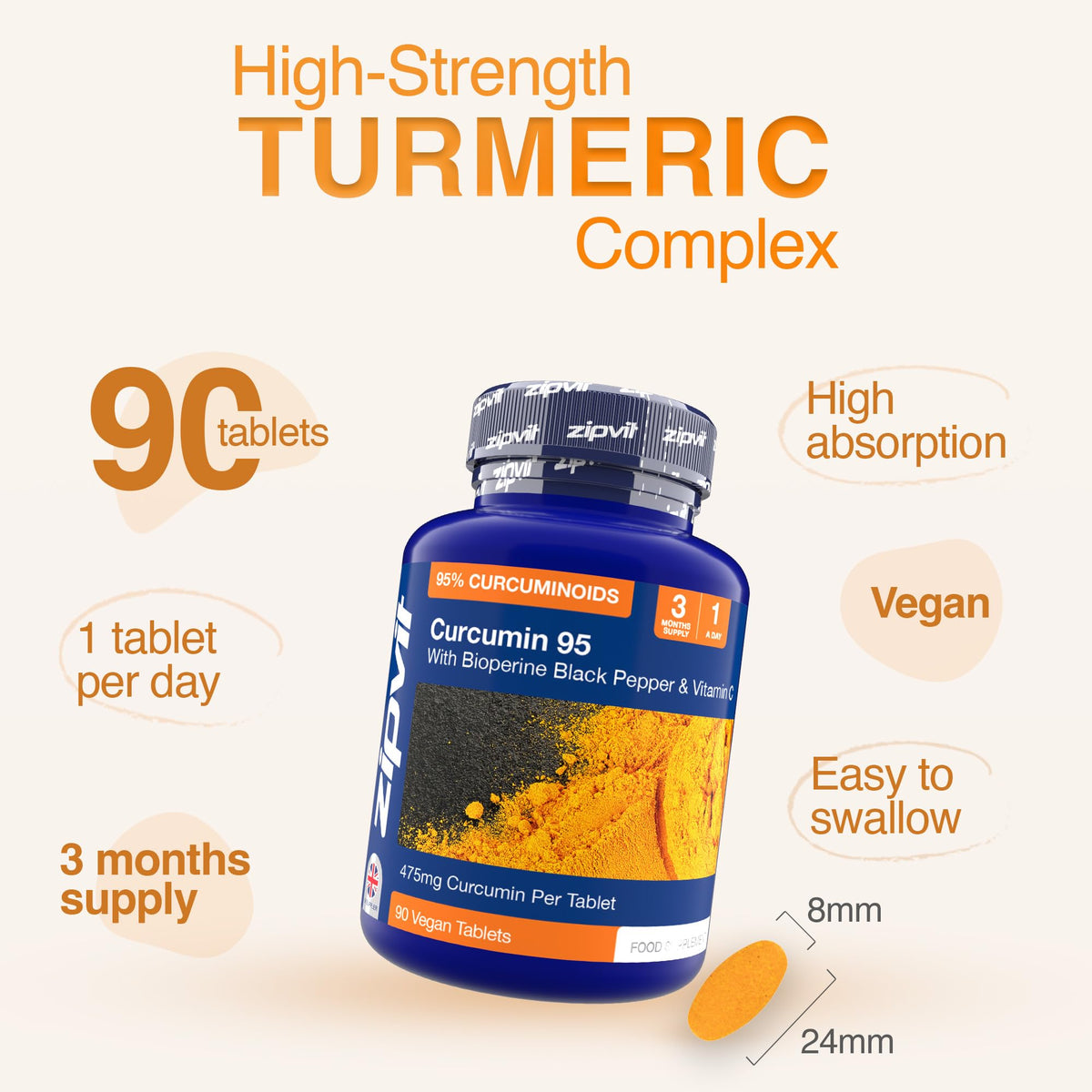 Zipvit Curcumin Tablets, 95% Active Curcuminoids with Black Pepper & Vitamin C, 90 Vegan Tablets, 3 Months Supply, Turmeric Supplement