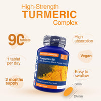 Zipvit Curcumin Tablets, 95% Active Curcuminoids with Black Pepper & Vitamin C, 90 Vegan Tablets, 3 Months Supply, Turmeric Supplement