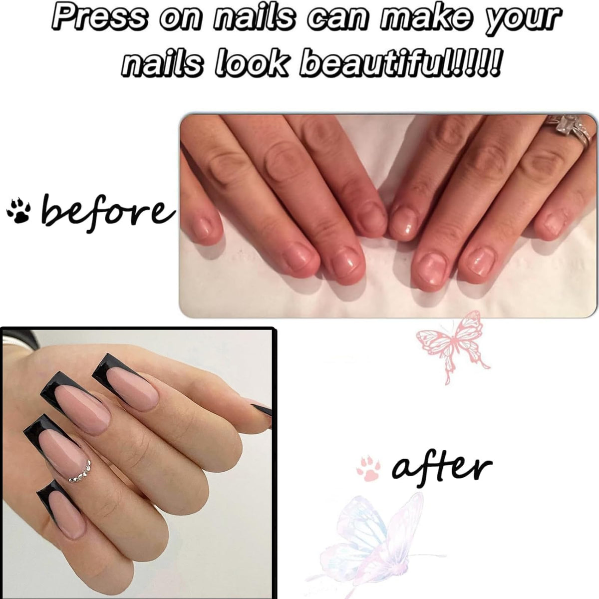 Yoowan 24pcs French Tip False Nails,Press On Nails Black,Black French Tip Na-Ils,Elegant,Black Square Stick On Na-Il,Suitable For Most Sizes,Sturdy,Durable,Reusable,For Women And Girls(With Jelly Gelatin)
