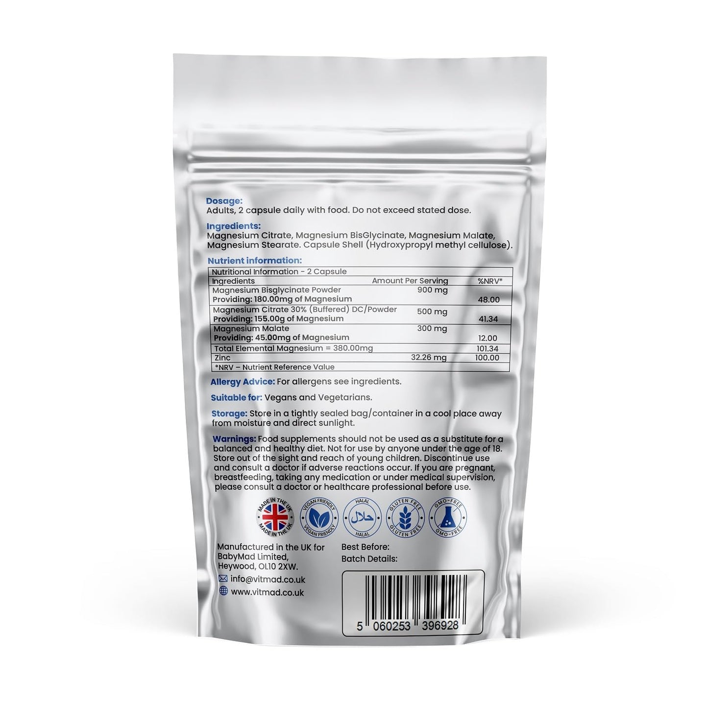 Vitmad Magnesium Glycinate 3-in-1 Complex - Bisglycinate, Citrate & Malate Vegan Capsules, Added Zinc to Maximise Absorption 380mg Elemental 100% NRV, UK Made (60)