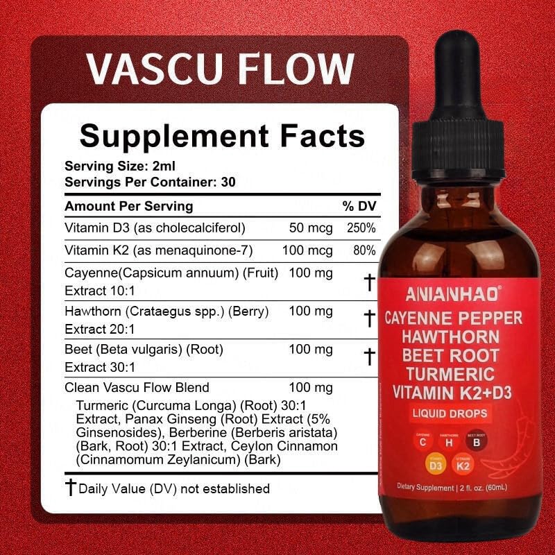 ANIANHAO Cayenne Pepper Drops, 120ml Gleame Cayenne Pepper Drops, Hawthorn Berry, Vitamin D3 K2 Beet Root Powder, Ceylon Cinnamon, Turmeric Curcumin, Organic Panax Ginseng, Berberine 2 Bottles