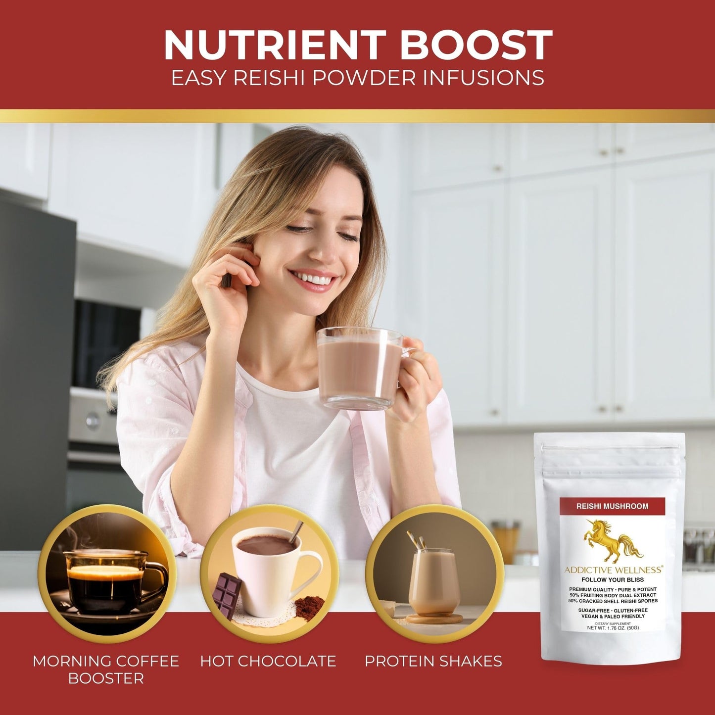 Addictive Wellness Reishi Mushroom Extract Powder + Spores (50/50 Blend) Wood Grown Pure & Potent Wildcrafted Ganoderma (100 Grams)