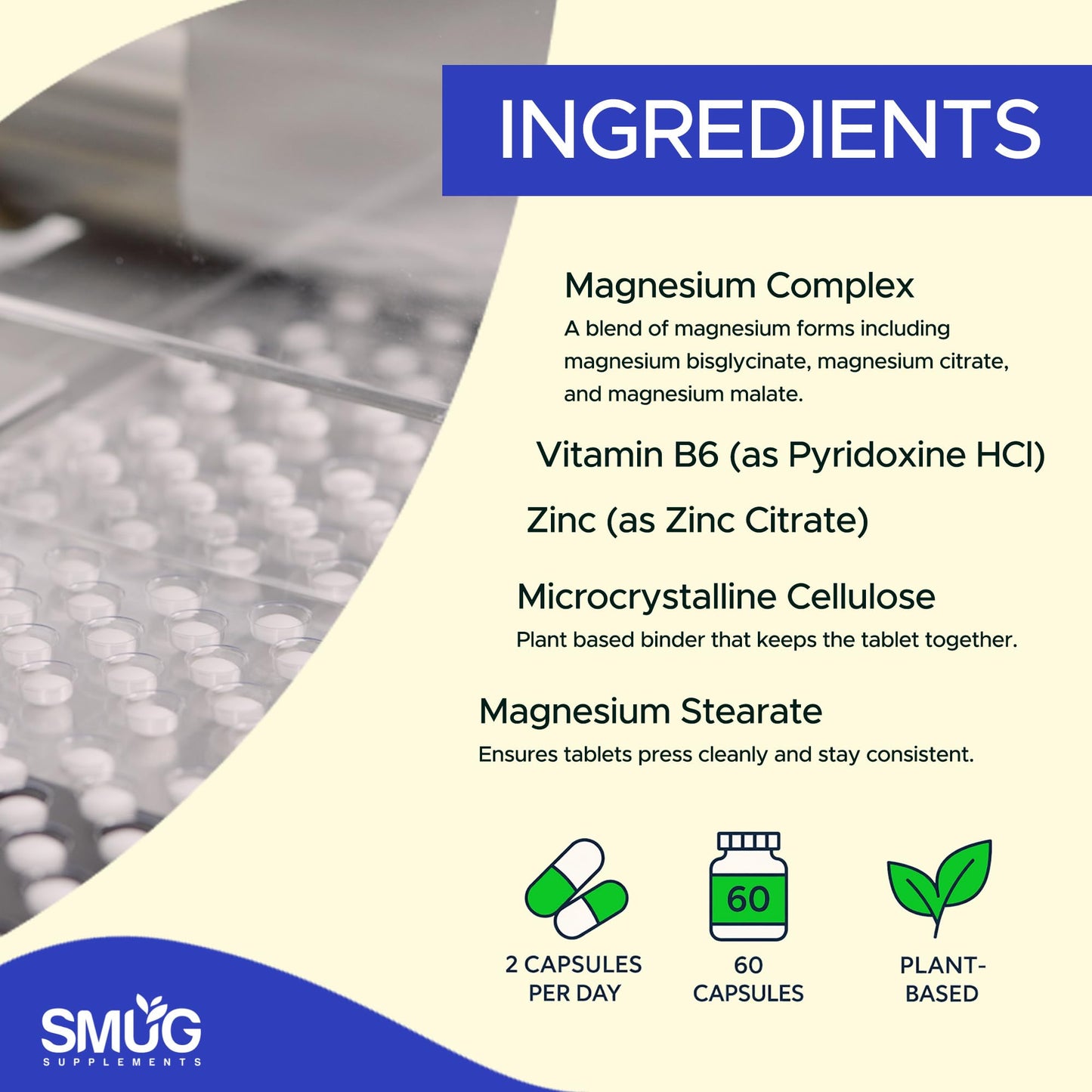 Magnesium Glycinate 5-in-1 Complex – 1850mg Blend – 347.5mg Elemental – 60 Vegan Capsules with Zinc 10mg & Vitamin B6 25mg – Made in Britain – SMUG Supplements