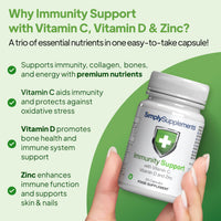Simply Supplements Vitamin C, D and Zinc Capsules for Immunity Support | One-a-Day Formula | 60 Fast Release Capsules = 2 Months’ Supply | Vegan Friendly | Manufactured in The UK