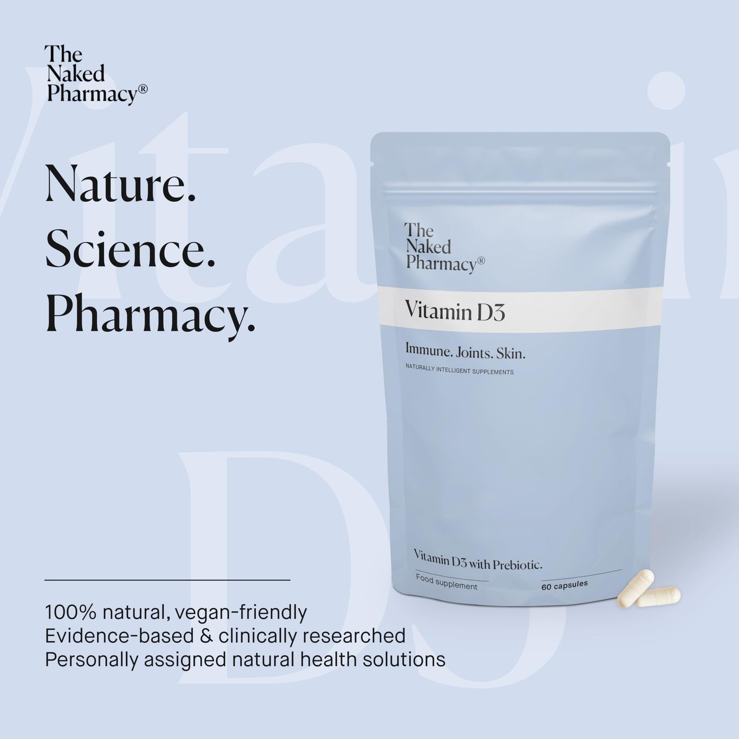 The Naked Pharmacy | Vitamin D3 Supplements | for Immune System | Bones, Joints & Teeth | with Natural Prebiotic Baobab | High Strength | No Additives | Vegan | 60 Capsules