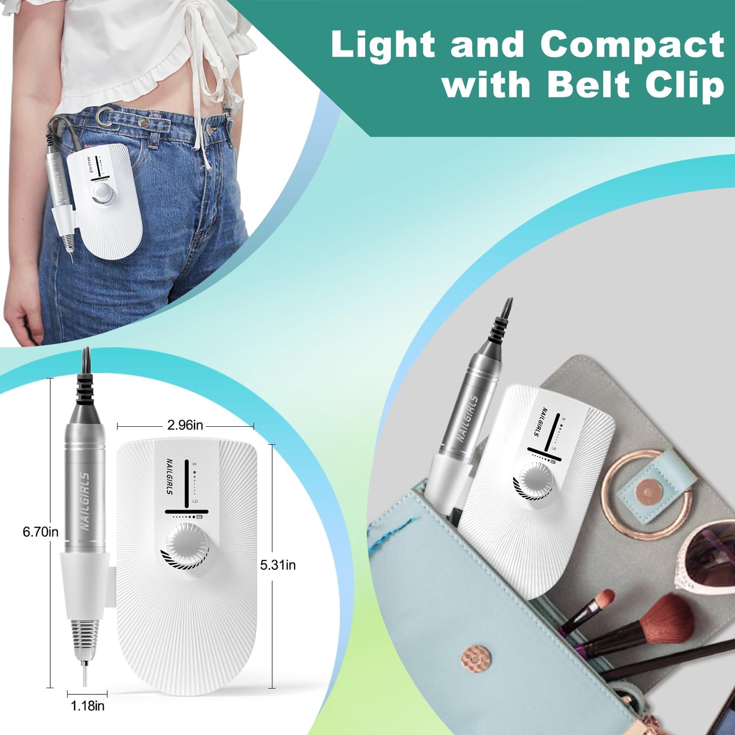 NAILGIRLS Cordless Electric Nail Files, T18 Professional Rechargeable Nail Drill 35000 RPM, Portable E File Kit for Acrylic Gel Nails Manicure Salon Home, White