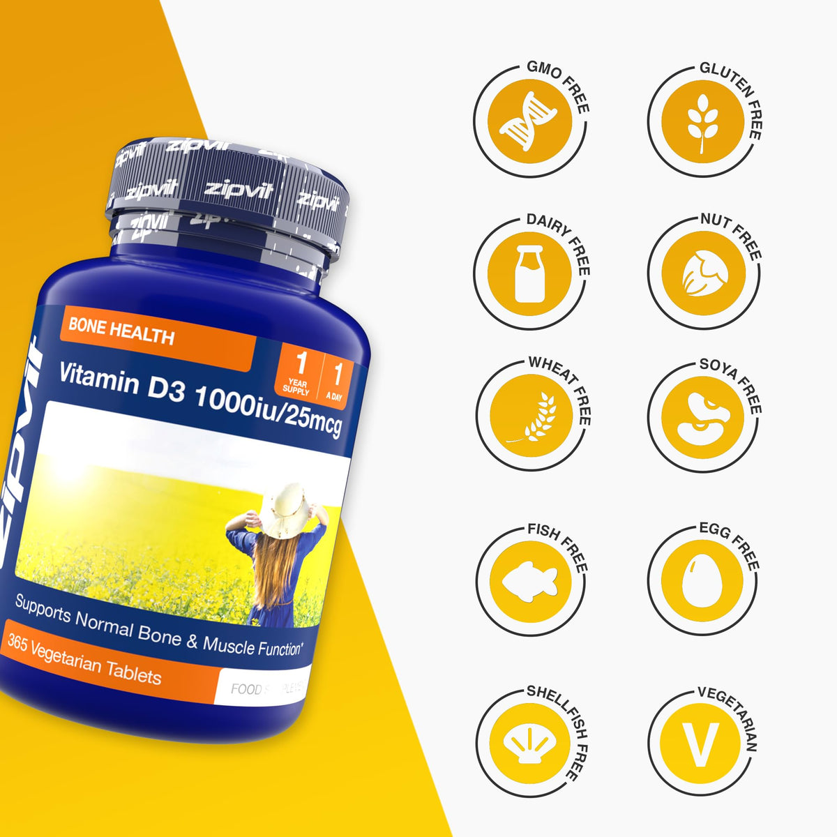 Zipvit Vitamin D 1000IU, 1 Year Supply, 365 Vegetarian D3 Tablets, High Absorption, Easy-to-Swallow Vitamin D Tablets for Immune, Bone & Muscle Health