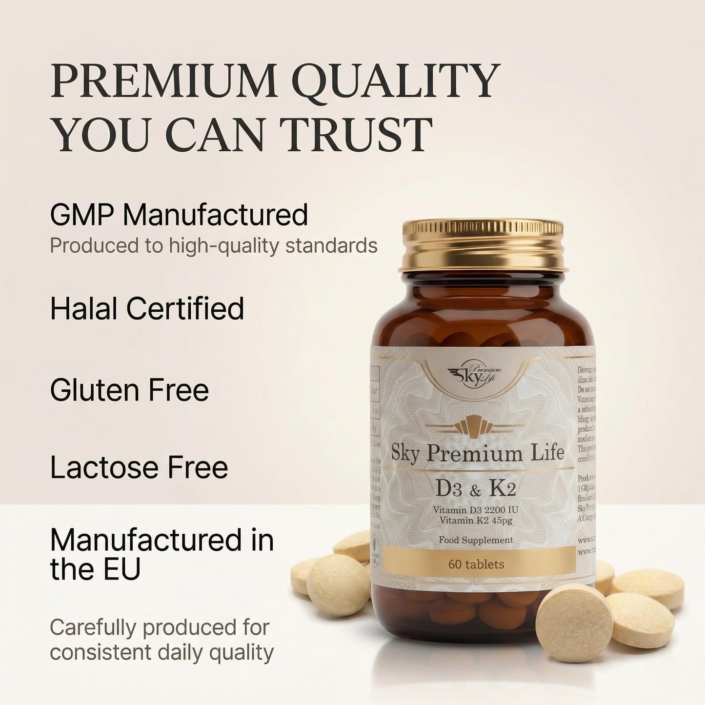 Sky Premium Life Vitamin D3 2200 IU (55µg) with Vitamin K2 MK7 (45µg) – Immune System, Bones, Teeth & Muscle Support – 1-A-Day Easy Swallow Tablets – 120 Tablets (4 Month Supply) – Halal & GMP Quality