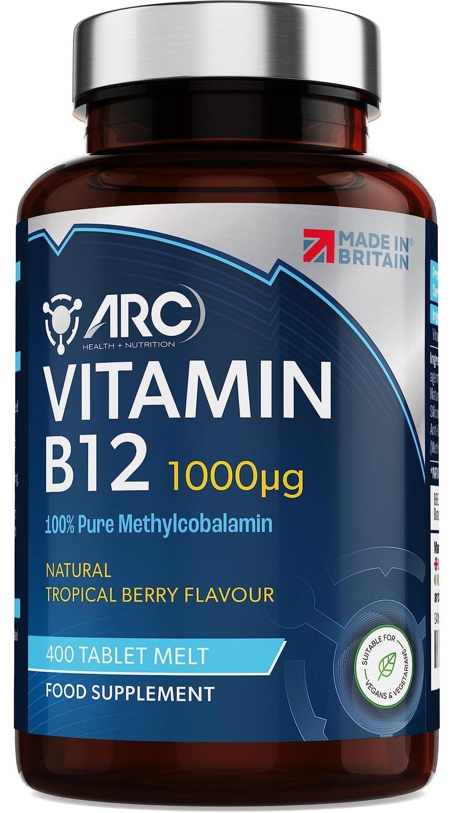 ARC) HEALTH+NUTRITION WWW.ARCHEALTHNUTRITION.CO.UK Vitamin B12 1000mcg - 400 Tablets - Melts on Tongue - Sugar Free Tropical Berry Flavour Chewable - Methylcobalamin Supplements - Made in UK