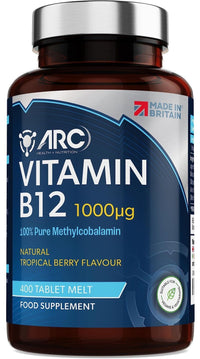 ARC) HEALTH+NUTRITION WWW.ARCHEALTHNUTRITION.CO.UK Vitamin B12 1000mcg - 400 Tablets - Melts on Tongue - Sugar Free Tropical Berry Flavour Chewable - Methylcobalamin Supplements - Made in UK