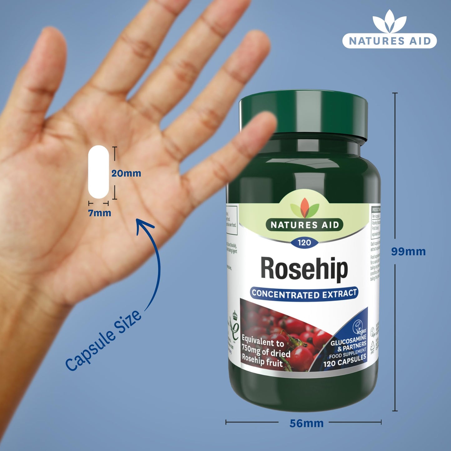 Natures Aid Rosehip 750mg 120 Capsules – High Strength Rosa Canina Extract for Joint Support, 3000mg Equivalent of Dried Fruit, Vegan, Gluten-Free, Vegetarian, No Gummies or Tablets