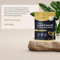 Lions Mane Mushroom 2000mg - 365 High Strength Capsules - Alternative to Lions Mane Powder - 1 Year Supply - Lions Mane Extract Supplement with Black Pepper - 100% Vegan - Nutravita