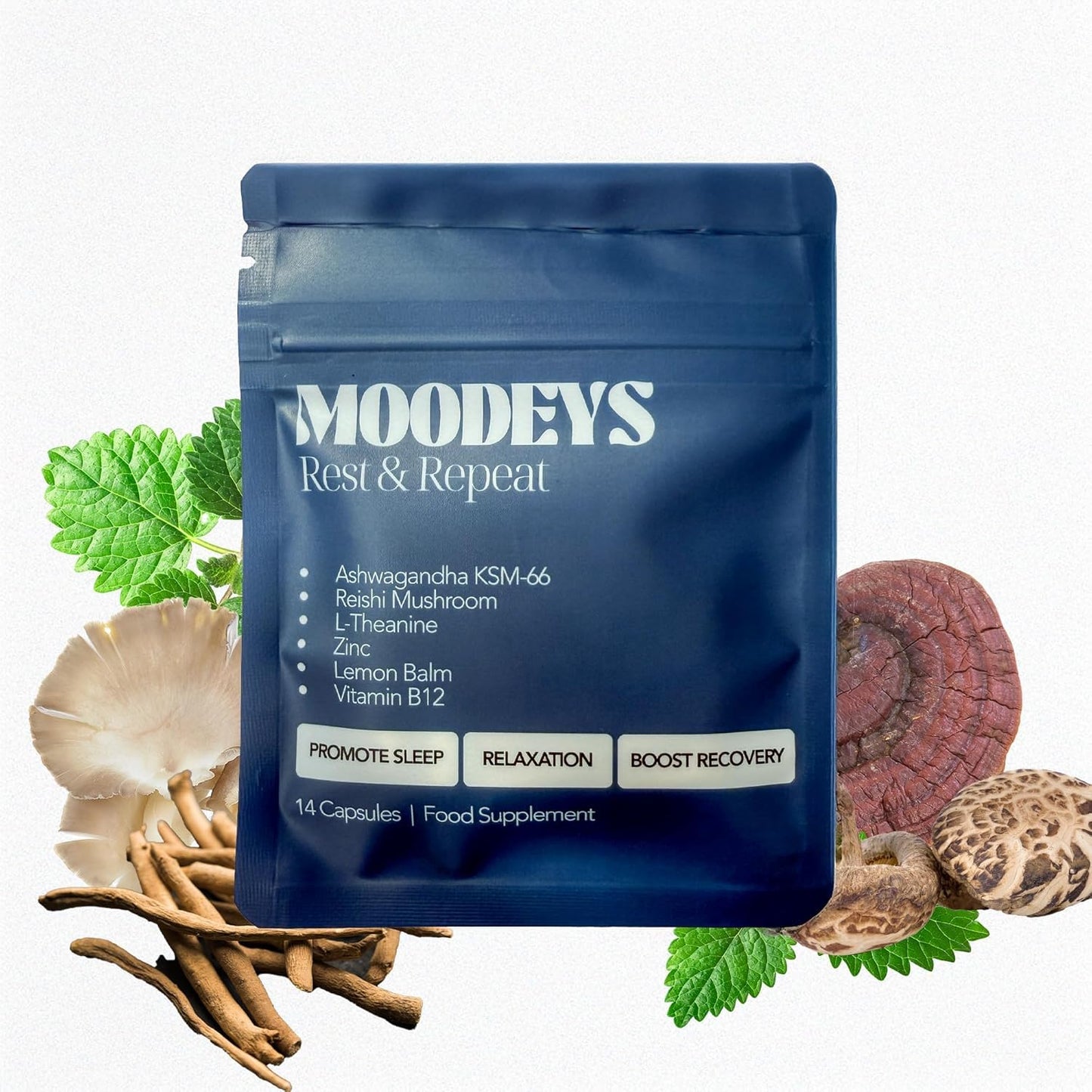 Moodeys Rest & Repeat, Organic Natural Sleep Supplement | Deep Sleep & Recovery | Functional Mushrooms & Adaptogens | Reishi Mushroom (5,250mg), Ashwagandha KSM-66 (4,800mg), Lemon Balm & L-Theanine