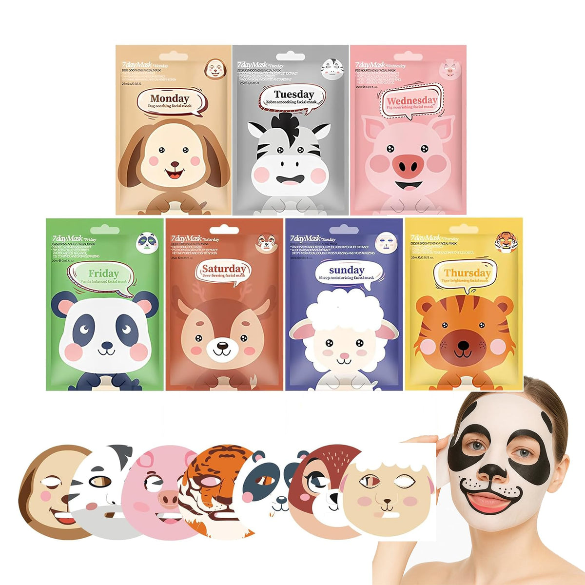 Generic Sheet Face Mask Set – 7-Pack Hydrating & Moisturizing Facial Masks, Fun Animal Print for Kids & Girls, Soothing Skincare Sheet Masks for Women, Spa Party Supplies, Self-Care Gift, Beauty Face Mask Set