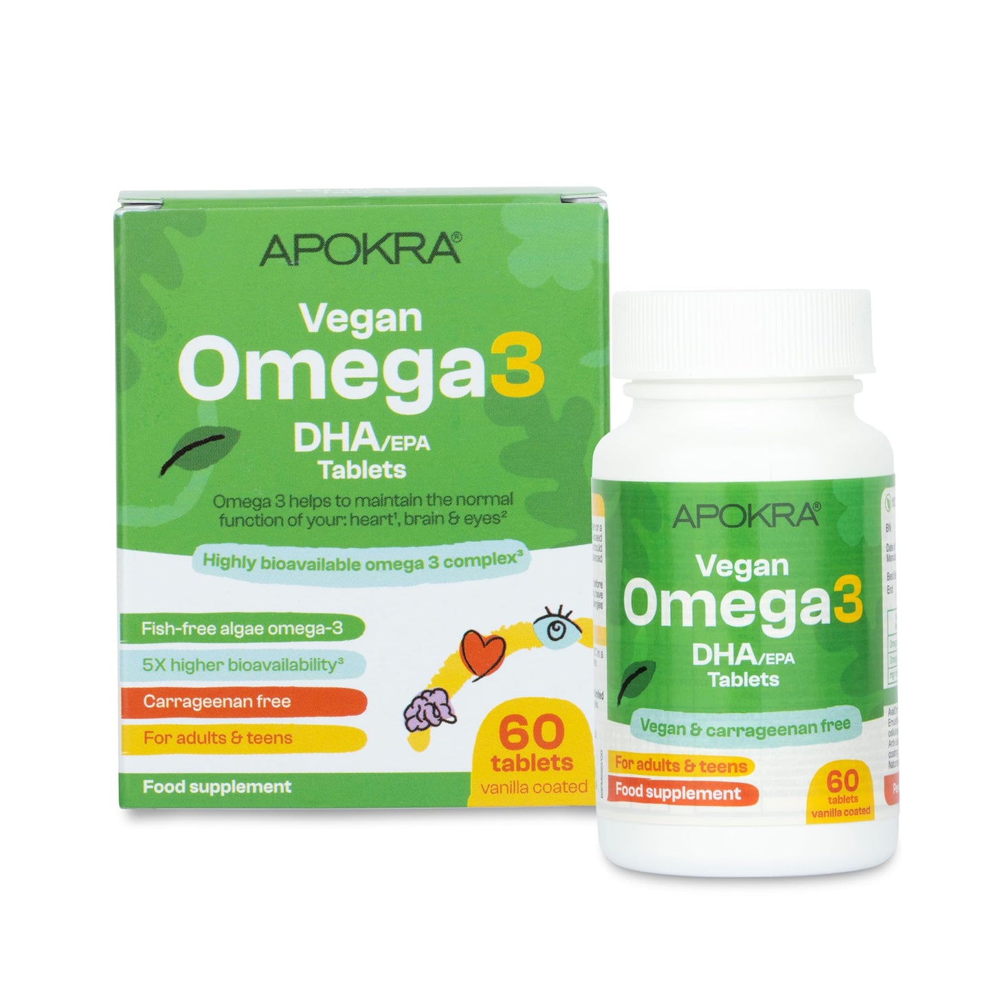 APOKRA Vegan Omega 3 DHA – for Adults & Teens – 60 Vanilla-Coated Algae Tablets with L-Lysine – Plant-Based Fish Oil Alternative – Carrageenan-Free, Sustainable